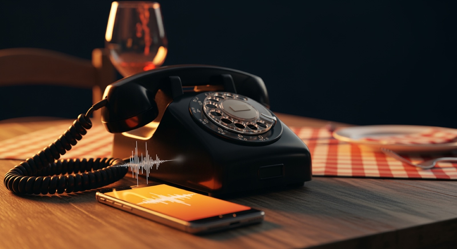 Telefono rotativo vintage e smartphone moderno su tavolo di trattoria italiana: la transizione dall'AI promessa nel 2018 all'AI che prenota ristoranti oggi